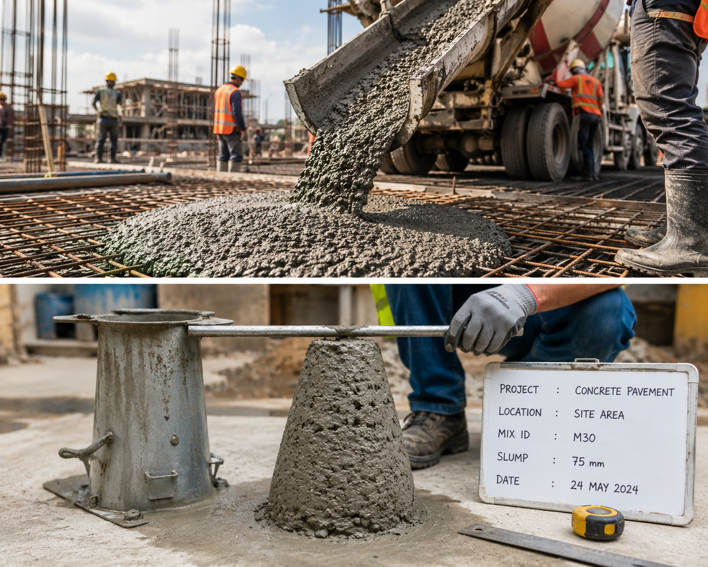 A concrete pour and slump test in progress